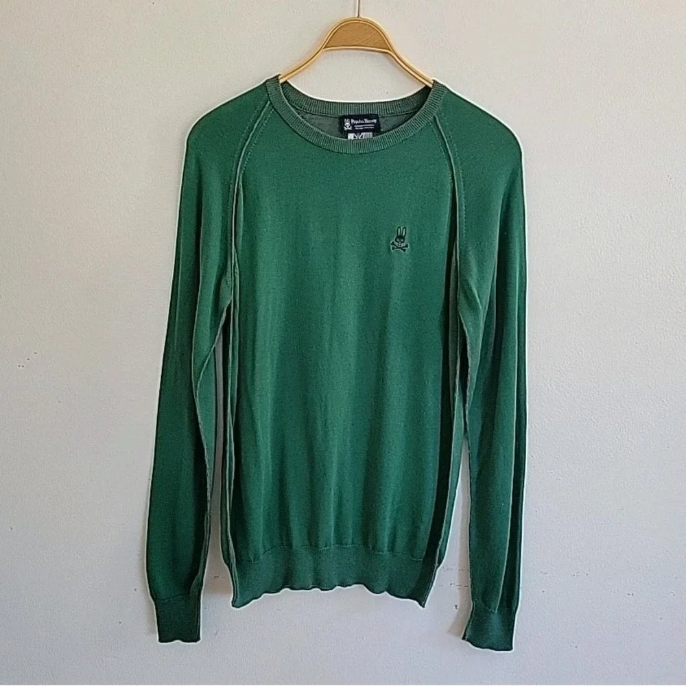 Psycho Bunny Henley Sweater Large‎ Pima Cotton Green Thin Knit Crewneck Pullover
